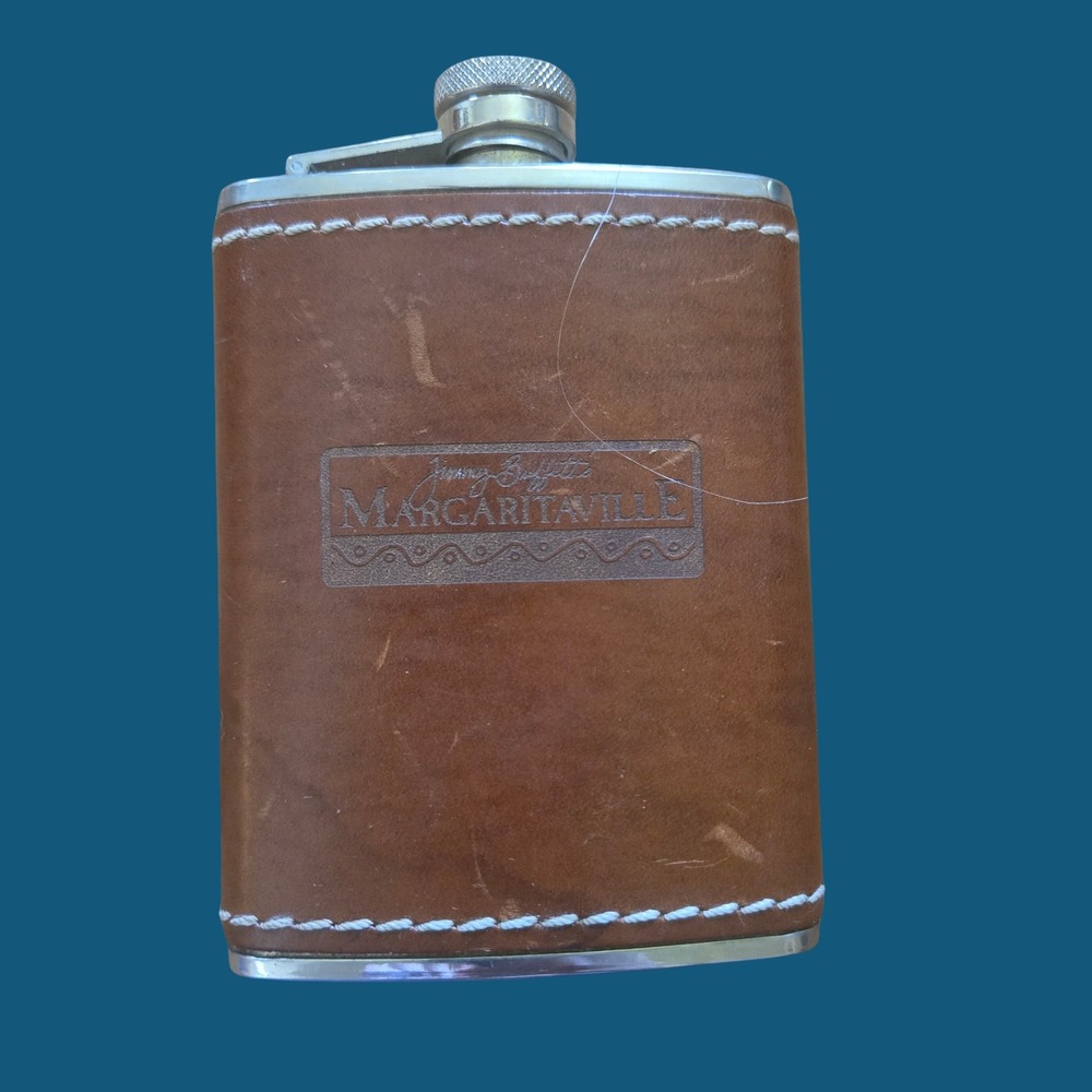 Jimmy Buffett Margaritaville 6oz Stainless Steel Leather Wrapped Hip Flask Brown